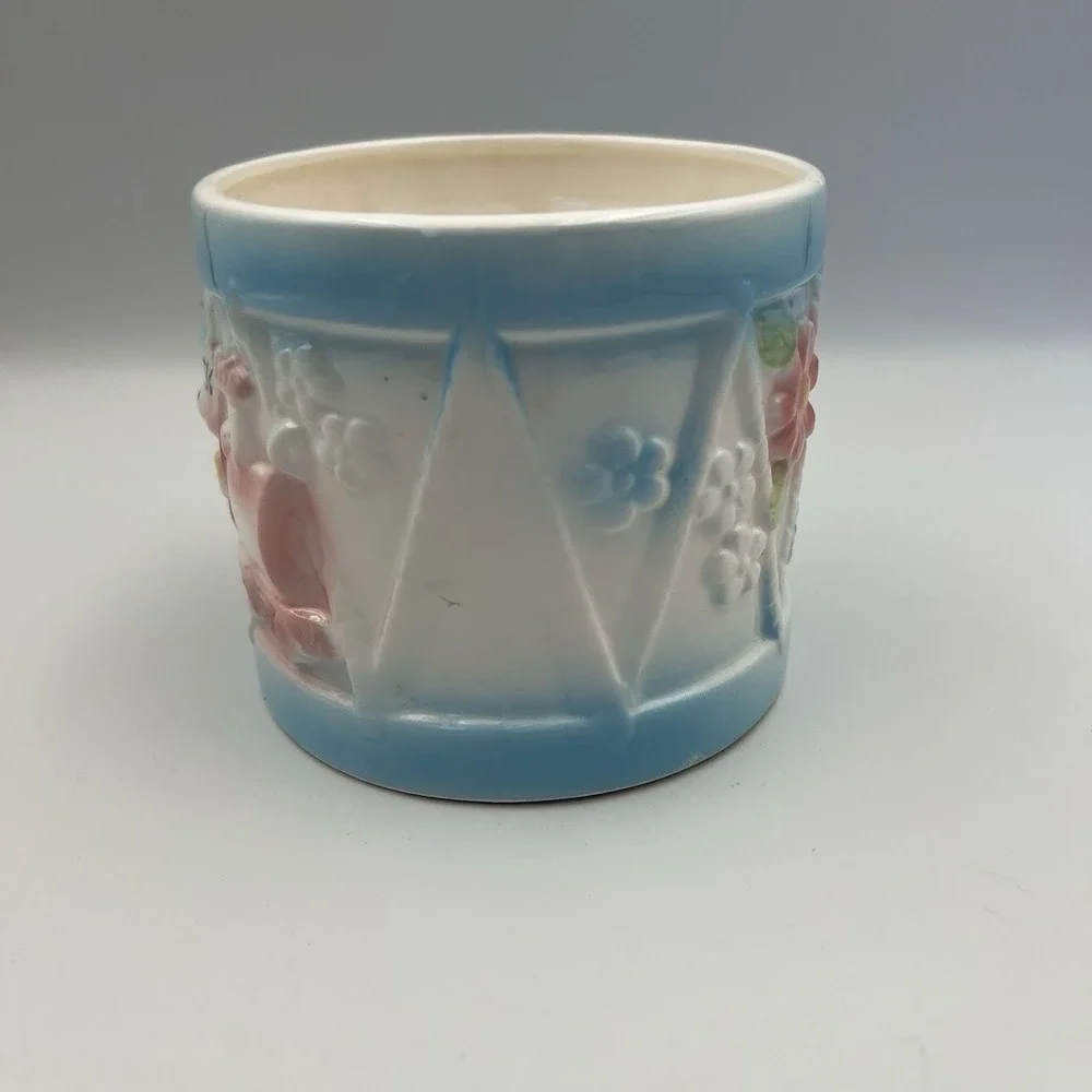 Vintage MCM Ardco Ceramic Baby Bear Train Flowers Nursery Planter Round Pastel